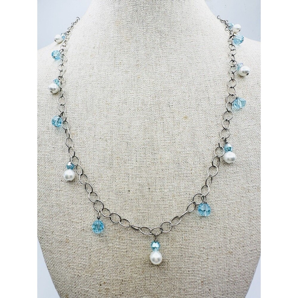 925 Sterling Silver Crystal Faux Pearl Link Chain Necklace 21”
